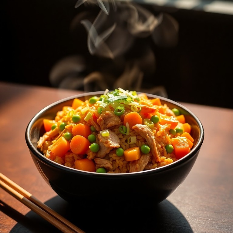 Arroz Frito con Pollo Desmenuzado y Vegetales en Salsa Teriyaki