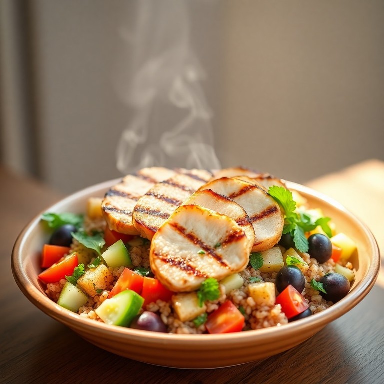 Ensalada de Arroz Integral Estilo Mediterráneo con Pollo a la Parrilla