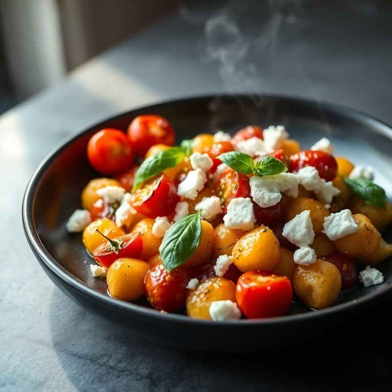 Ñoquis de Papa Salteados con Tomates Cherry Confitados y Queso Feta Desmoronado