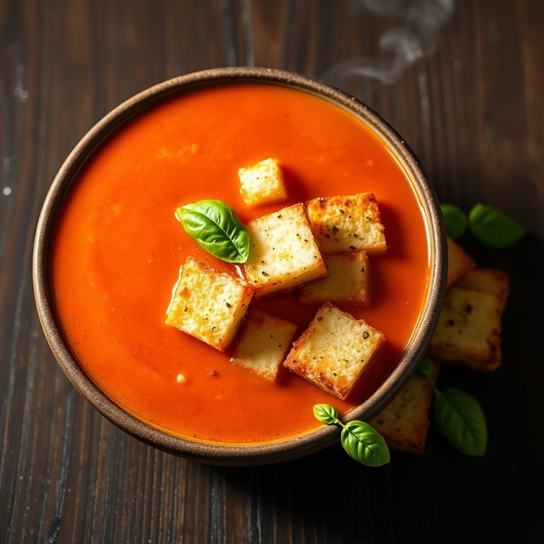 Creamy Tomato Soup with Cheesy Garlic Bread Croutons