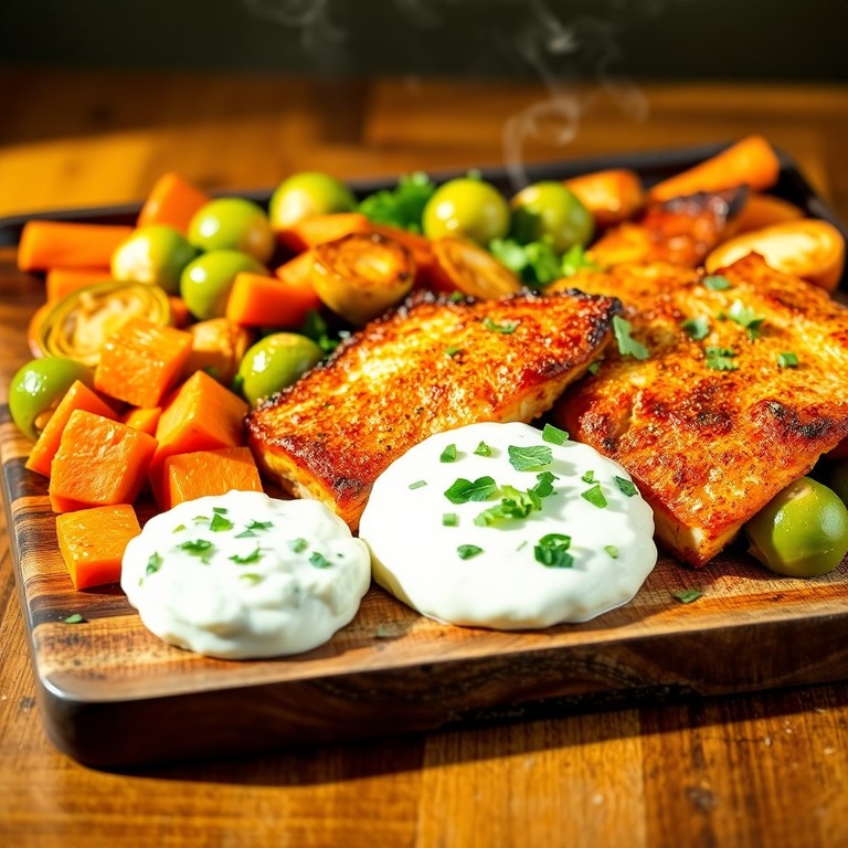 Ofengemüse mit knusprigen Seelachs-Streifen und frischem Kräuter-Dip