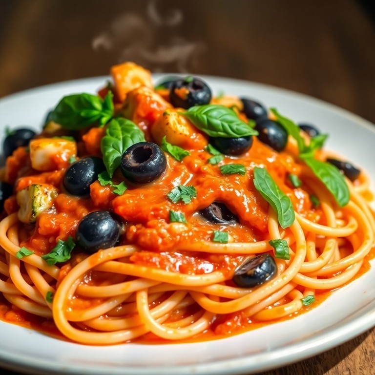 Mediterrane Tomaten-Sahne-Pasta mit Zucchini und Oliven