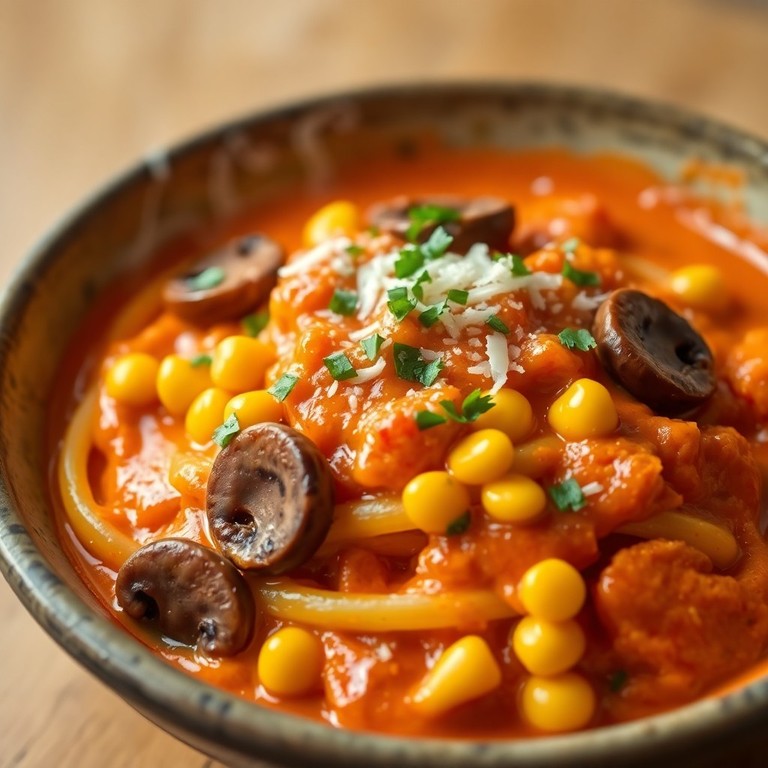 Mediterrane Tomaten-Sahne-Pasta mit Zucchini, Pilzen und Mais