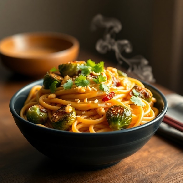 Creamy Peanut Noodles with Sriracha Glazed Brussels Sprouts