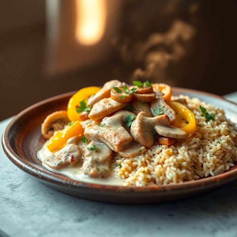 Putengeschnetzeltes 'Toskana' mit gelber Paprika und Champignons