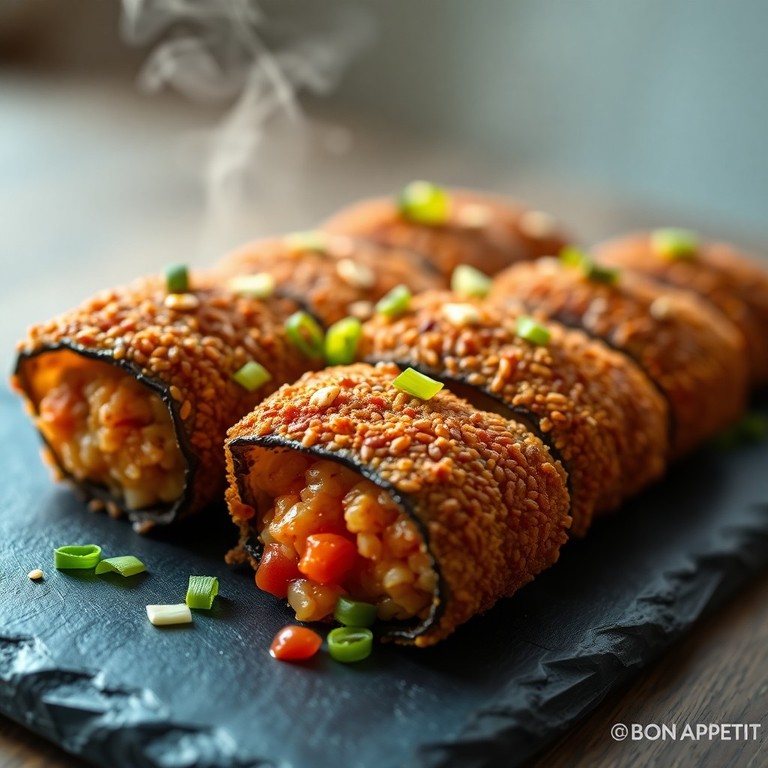 Rollos de Berenjena Crujiente con Arroz Glaseado de Tomate