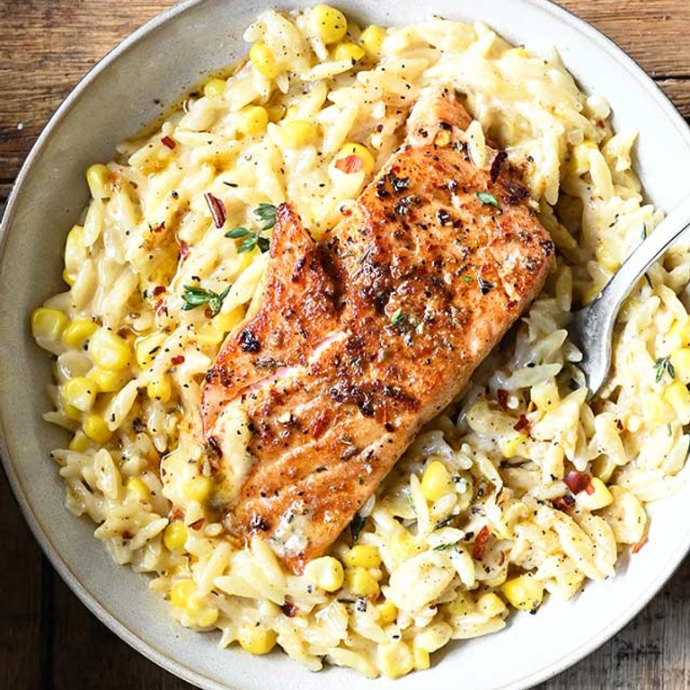 Creamed Corn Orzo with Salmon