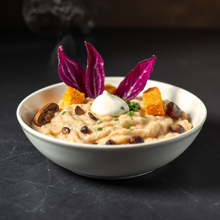 Samtiges Pilzrisotto mit Rotkohl-Chips und Polenta-Croutons
