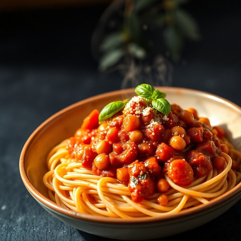 Vegane Kichererbsen-Bolognese mit Vollkornnudeln