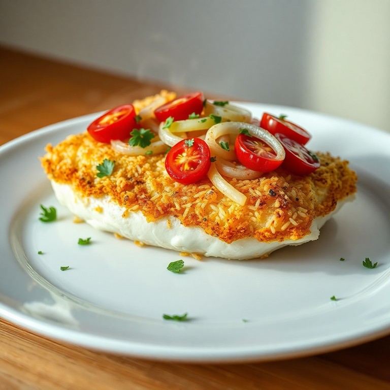 Tilápia Assada com Crosta Crocante de Batata e Tomate Confitado