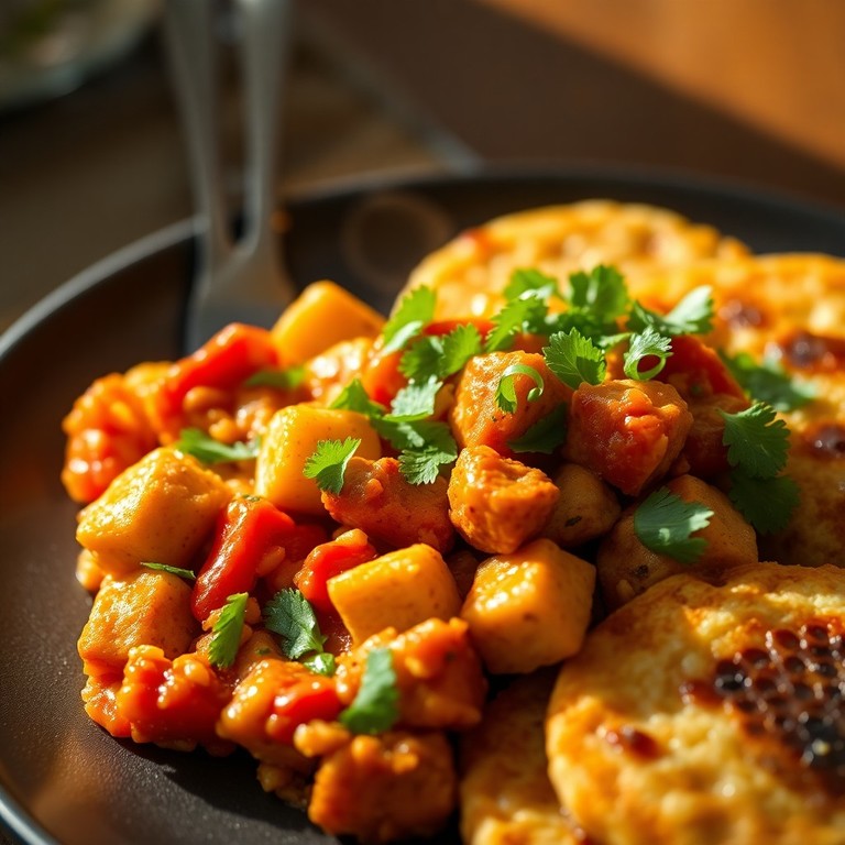 Spicy Tofu and Kimchi Scramble with Crispy Rice Cakes