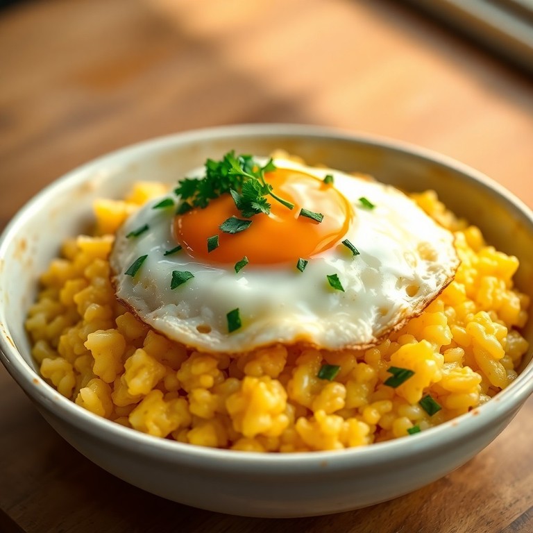 Herzhaftes Reisgericht mit Butter-Milch-Käse-Sauce und Spiegelei