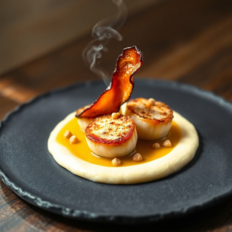 Saint-Jacques rôties, purée de panais à la noisette et chips de lard