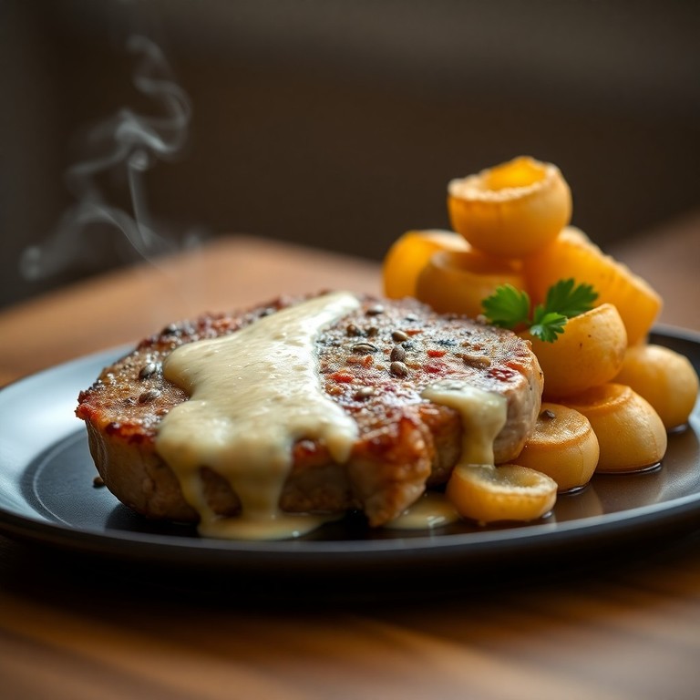Côte de Porc Poêlée, Sauce Moutarde à l'Ancienne et Pommes Dauphine