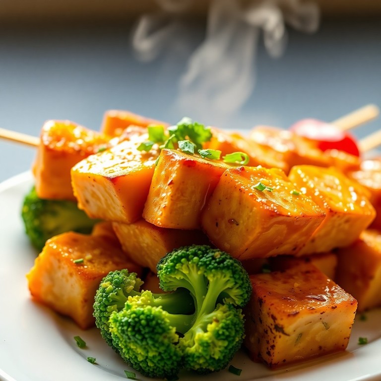 Honig-Senf-Tofu-Spieße mit Brokkoli aus der Heißluftfritteuse (2)