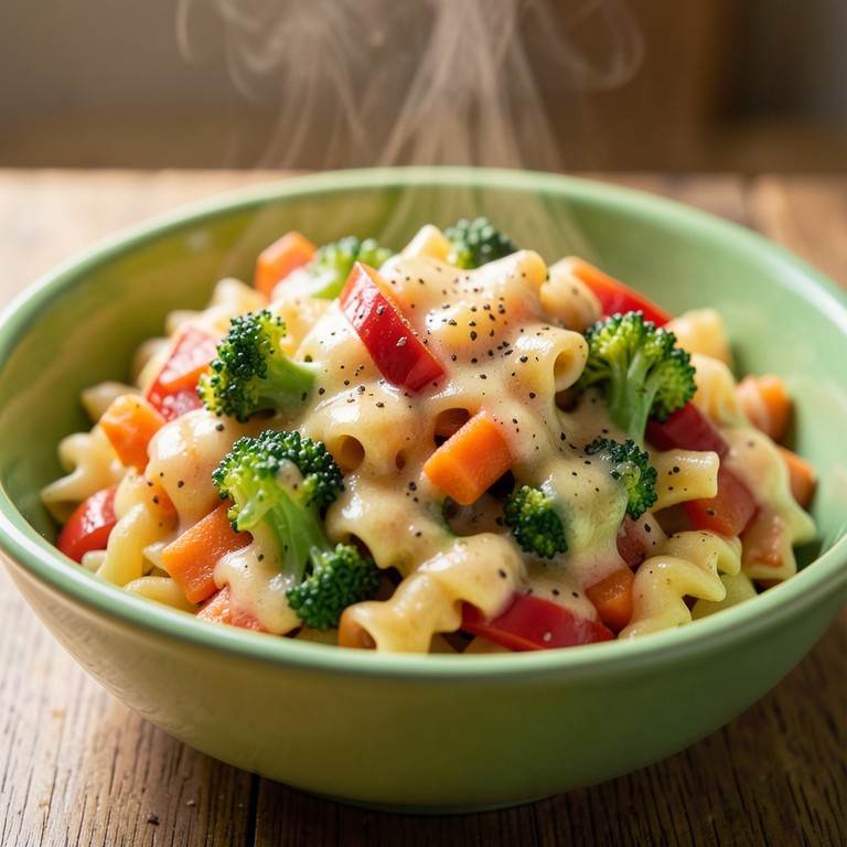 Schnelle Gemüse-Nudeln mit cremiger Käsesoße