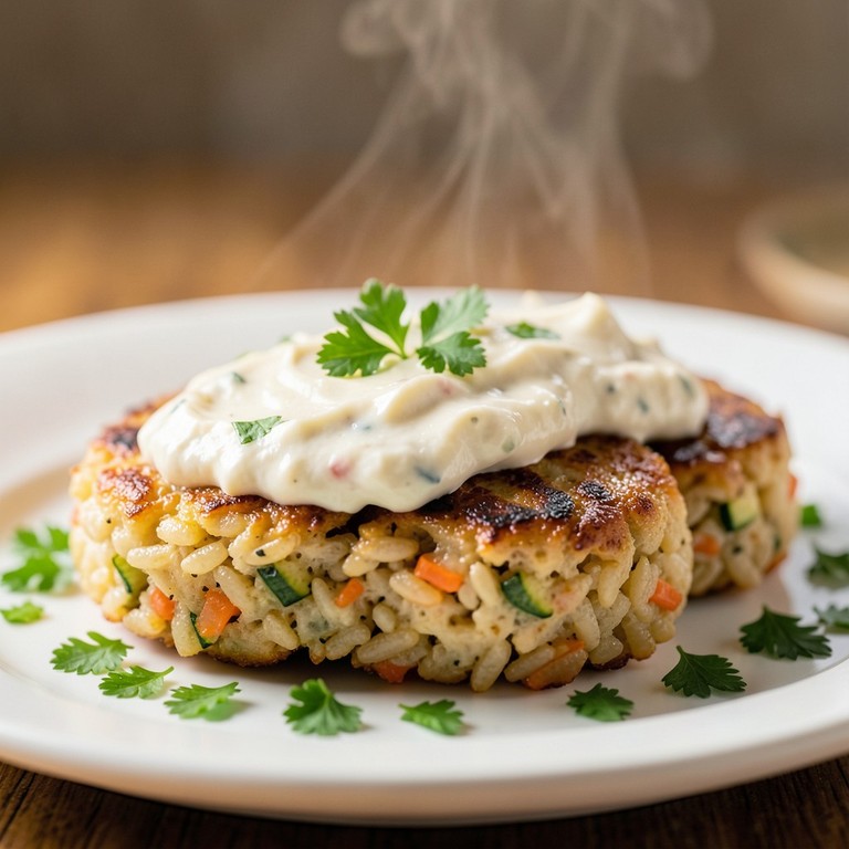 Überbackene Reis-Gemüse-Puffer mit veganer Frischkäse-Haube