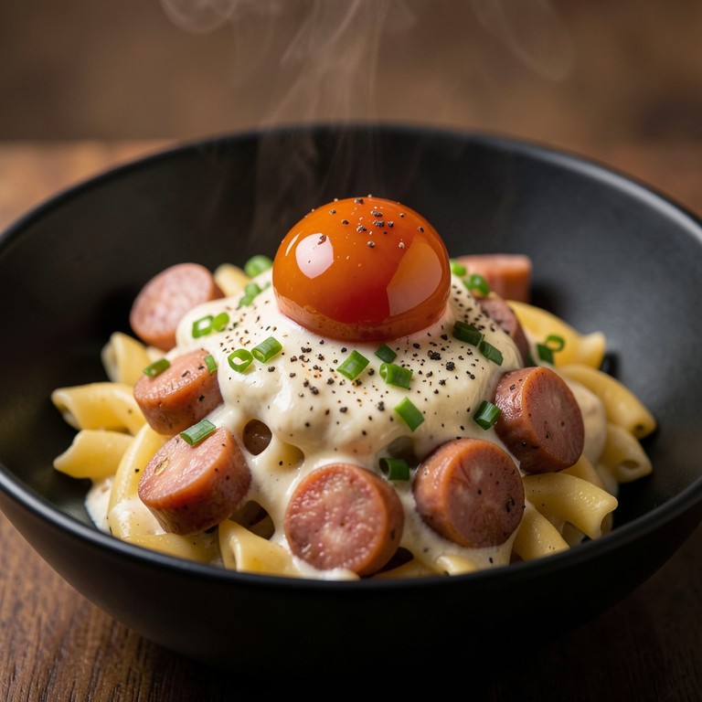 Fusilli Saltati con Wurstel, Panna e Tuorli d'Uovo Marinati