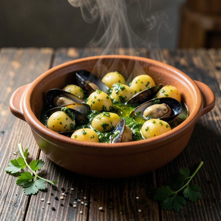 Patatas Nuevas Guisadas con Salsa Verde y Mejillones