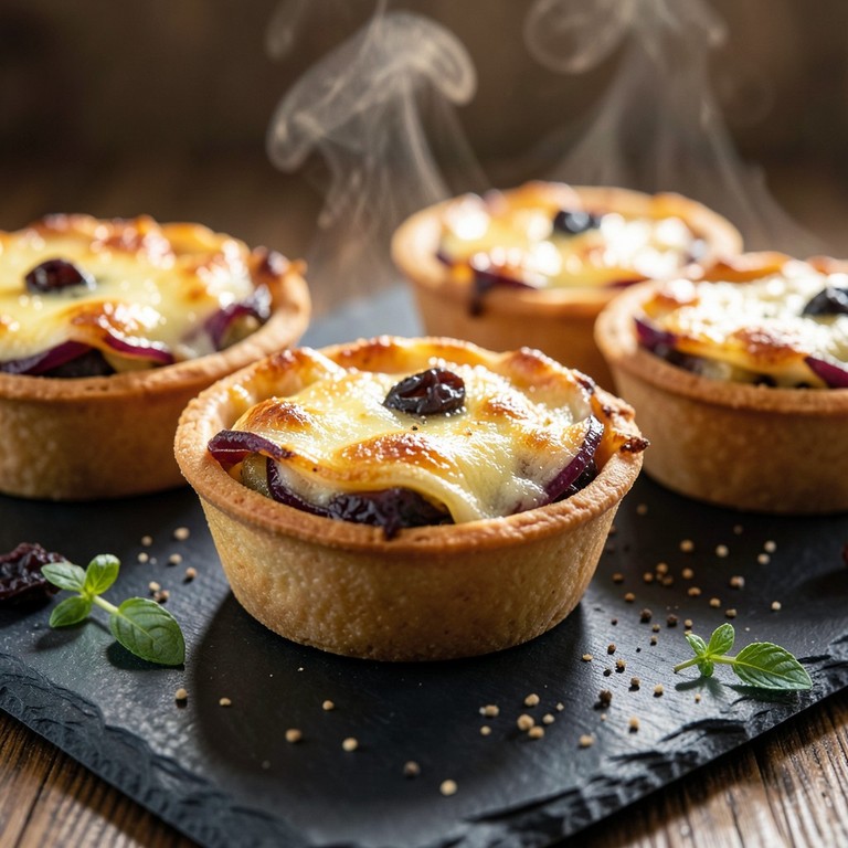 Tarteletes Gratinadas de Batata e Cebola Roxa com Queijo Fresco e Ameixas Secas