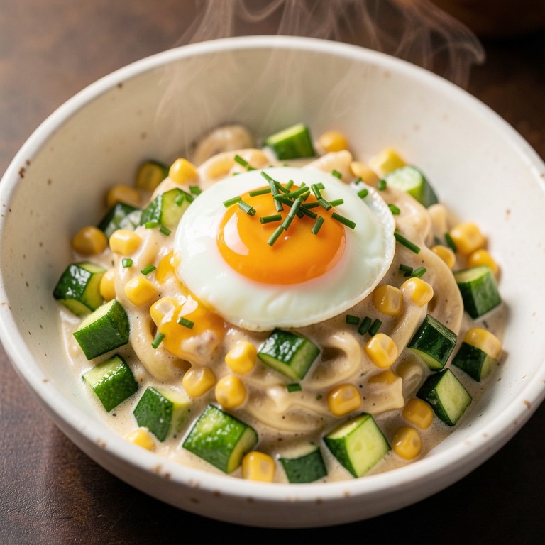 Poêlée Crémeuse de Pâtes aux Courgettes, Maïs et Œuf Poché
