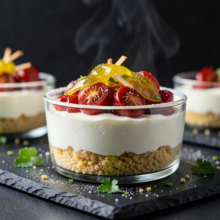 Cheesecake Desconstruído de Queijo Fresco com Compota de Tomate Cereja e Gengibre