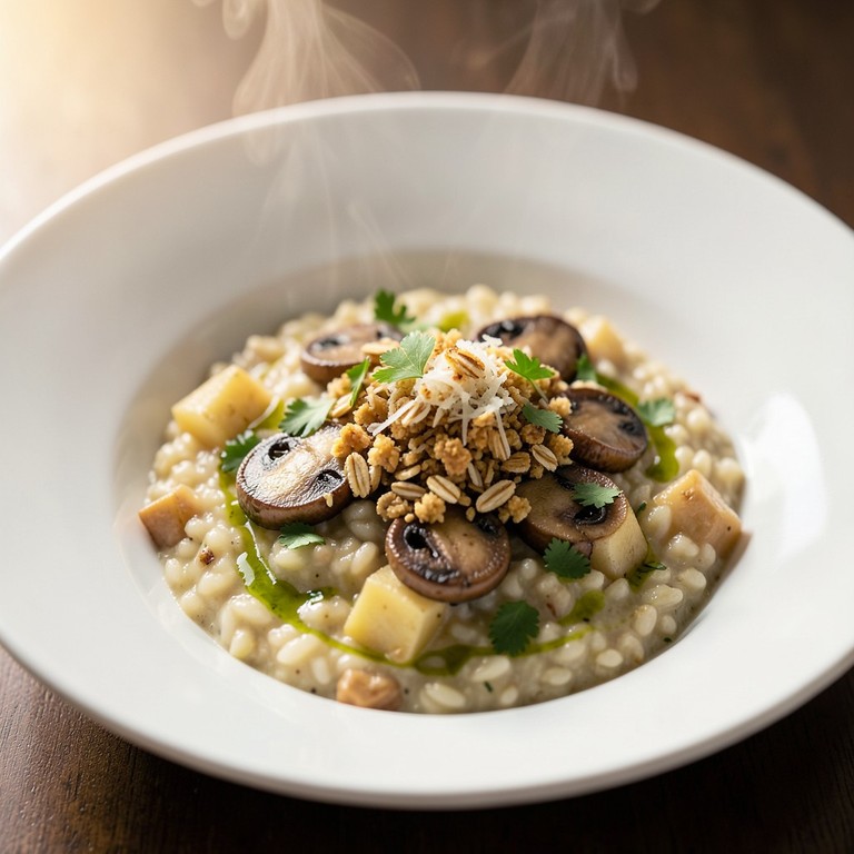 Risoto Cremoso de Cogumelos e Batata com Crocante de Aveia e Queijo