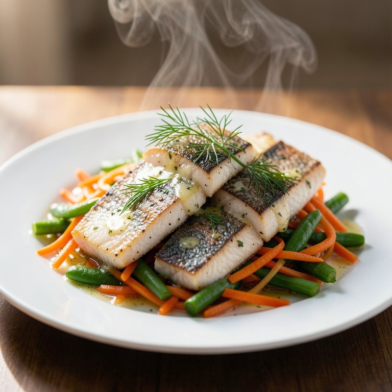 Gedünsteter Zander in Weißwein mit Kräutern und Gemüse