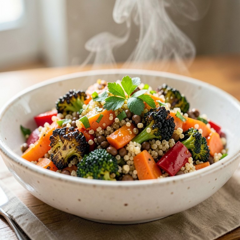 Salada Morna de Quinoa e Lentilha com Legumes Assados