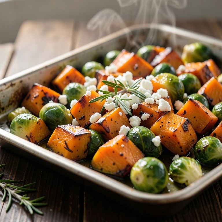 Rosmarinisierter Rosenkohl und Butternuss-Kürbis vom Blech mit Feta