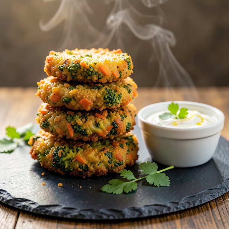 Spicy Broccoli and Carrot Fritters with Cooling Curd Dip