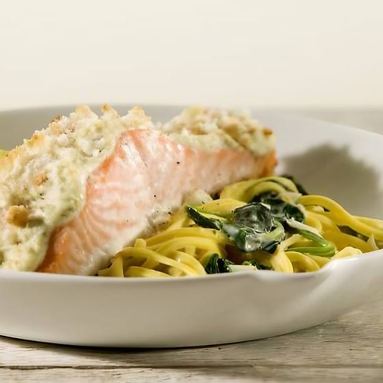 Zalm uit de oven met spinaziepasta