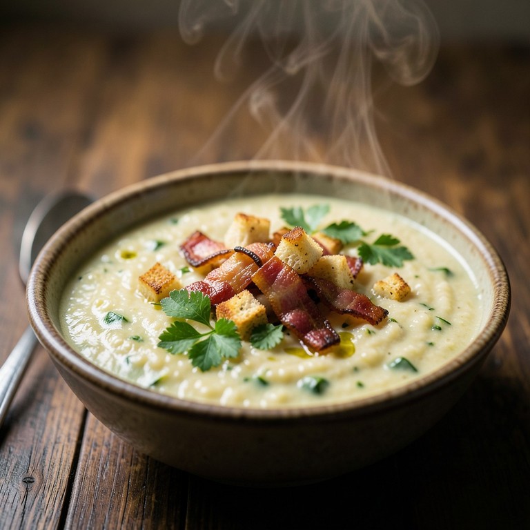 Exotische Kartoffel-Zucchini-Suppe mit Speck-Topping und Knoblauch-Croutons