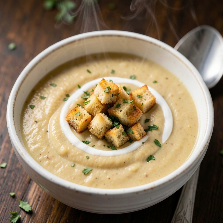 Crema Suave de Pollo y Raíces con Picatostes Caseros