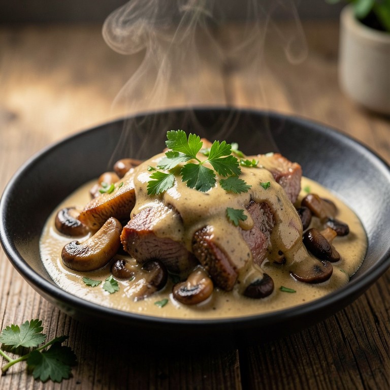 Sauté de Porc Façon Stroganoff aux Champignons et Moutarde