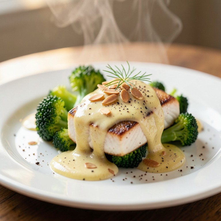Filet de Poisson Blanc Poêlé, Sauce Beurre Blanc aux Amandes et Brocolis Vapeur