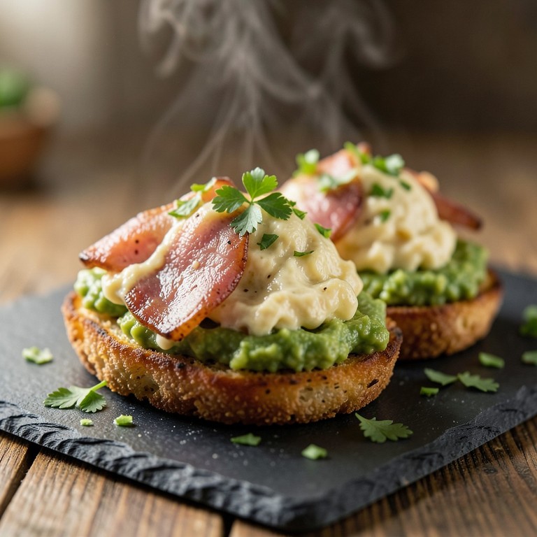 Revuelto Cremoso de Jamón Ahumado y Tomate Seco con Tostones de Aguacate