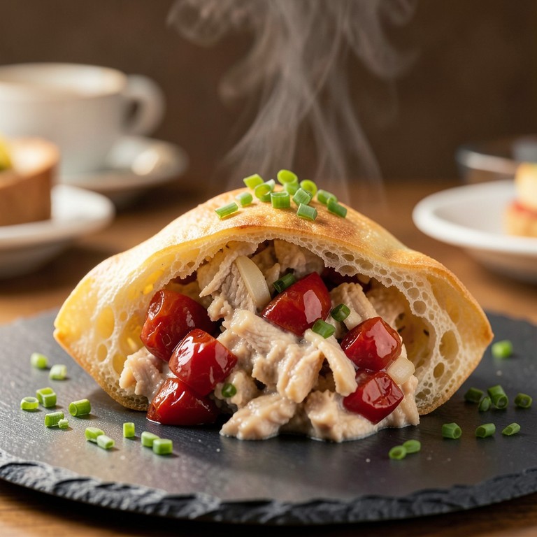 Tapioca Cremosa Recheada com Sardinha e Tomate Confit