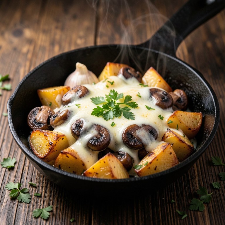 Italienische Pilz-Kartoffel-Pfanne mit geschmortem Knoblauch und Käse