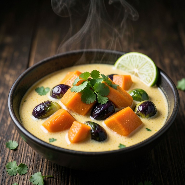 Veganes Curry mit Rosenkohl, Hokkaido und Süßkartoffel