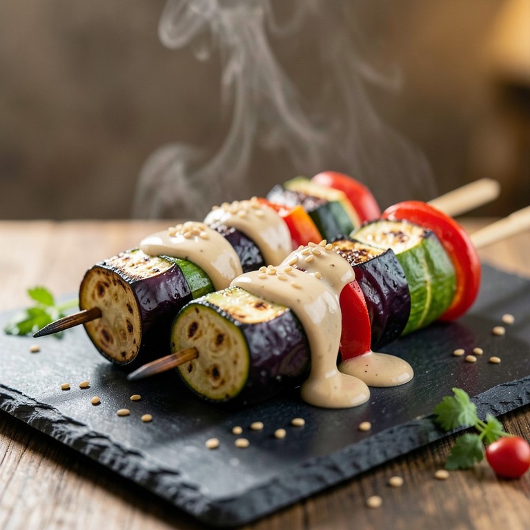Espetinhos Orientais de Berinjela e Abobrinha ao Molho Shoyu-Tahine