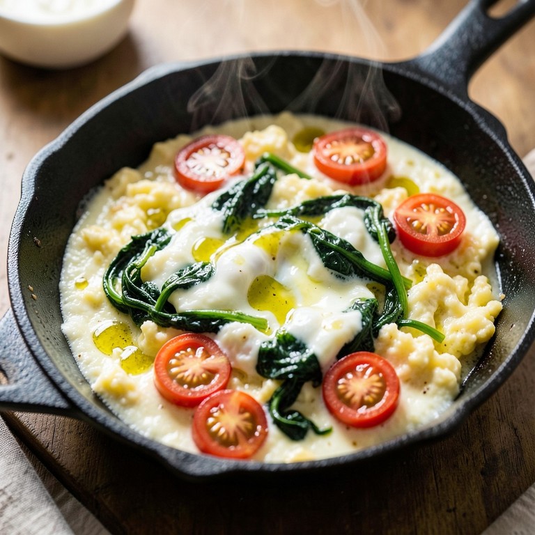 Ovos Mexidos Cremosos com Espinafre e Tomate Cereja