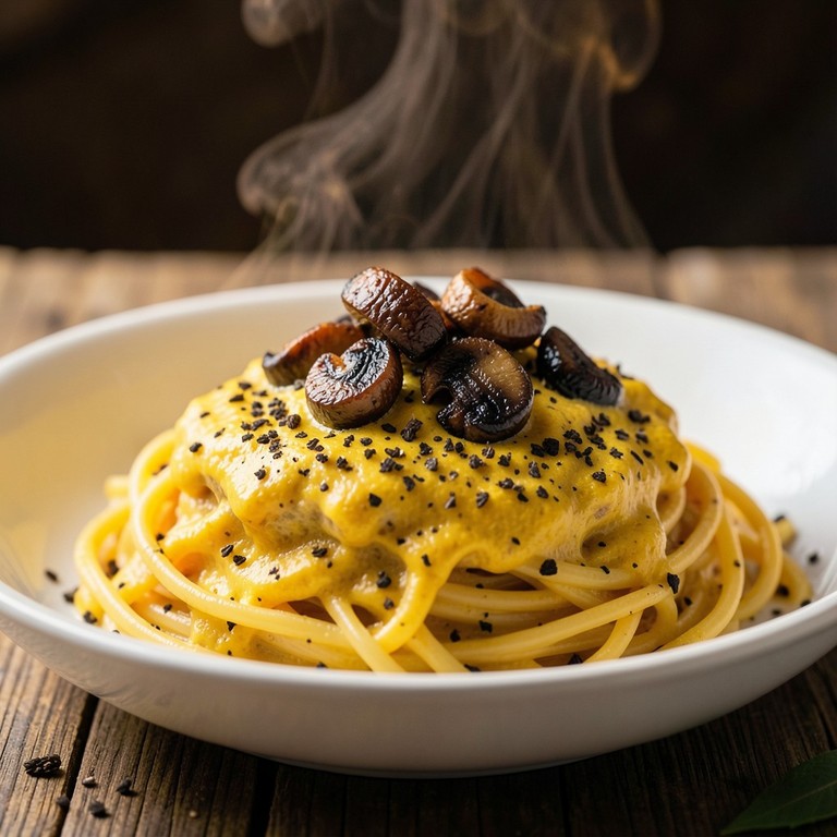 Macarrão Carbonara Desconstruído Vegano com Abóbora e Tofu