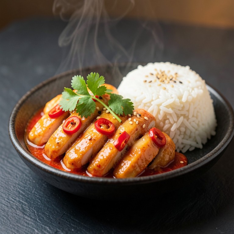 Asiatisches Hühnergeschnetzeltes mit roter Paprika und Kokosreis