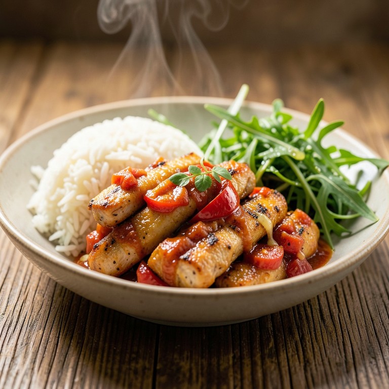 Gebratenes Hähnchen mit würziger Tomaten-Kokos-Sauce und Rucola-Beilage