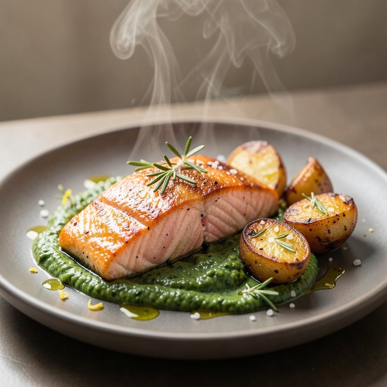 Salmão ao Forno com Batatas Assadas e Creme de Espinafre ao Alho