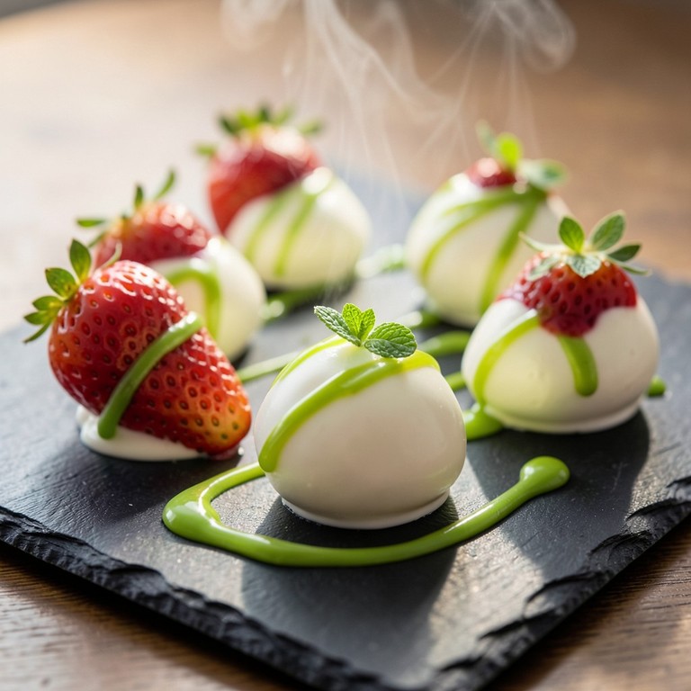 Fresas Cubiertas con Chocolate Blanco y Coulis de Frambuesa Verde