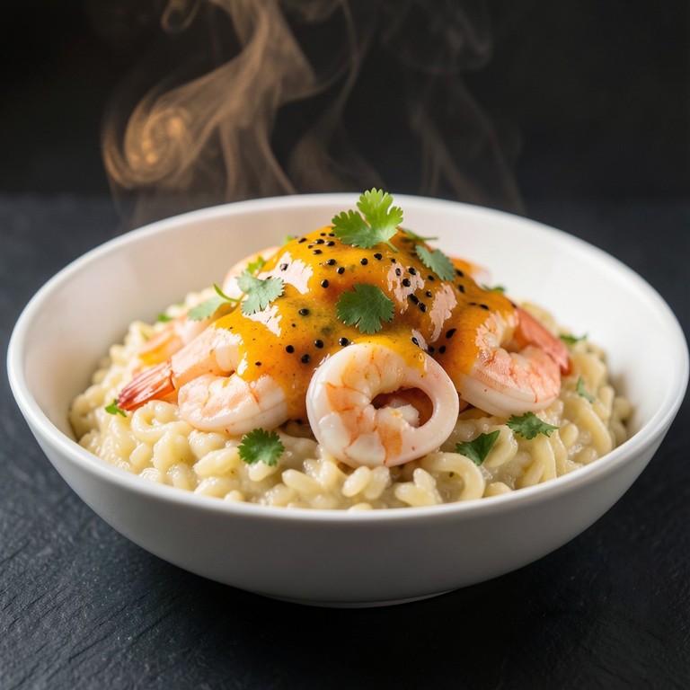 Arroz Cremoso con Mariscos y Salsa de Maracuyá Tropical