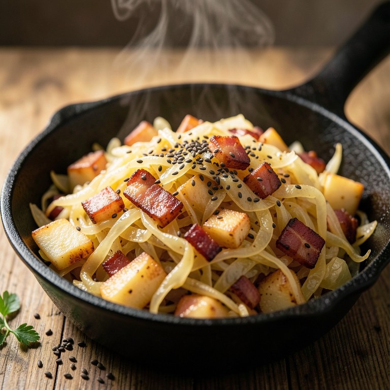 Gebratenes Sauerkraut mit Speck und Äpfeln