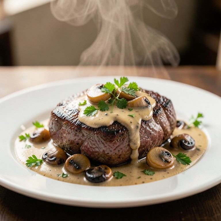 Filet Mignon Poêlé, Sauce Crème aux Champignons Sauvages
